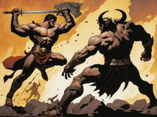 splitting maul,warrior and orc,minotaur,barbarian,heroic fantasy,sparta,warriors,black warrior,greyskull,vikings,duel,hercules winner,norse,swordsmen,hercules,devils,sword fighting,god of thunder,biblical narrative characters,throwing axe,Illustration,American Style,American Style 06