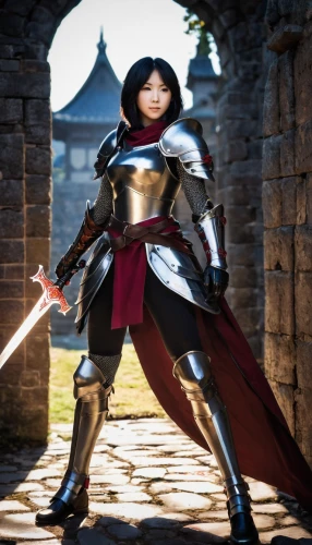 cosplay image,swordswoman,mulan,joan of arc,female warrior,cosplayer,templar,games of light,cosplay,knight armor,castleguard,paladin,puy du fou,digital compositing,knight festival,medieval,heroic fantasy,red tunic,fantasy warrior,armored,Illustration,Japanese style,Japanese Style 04