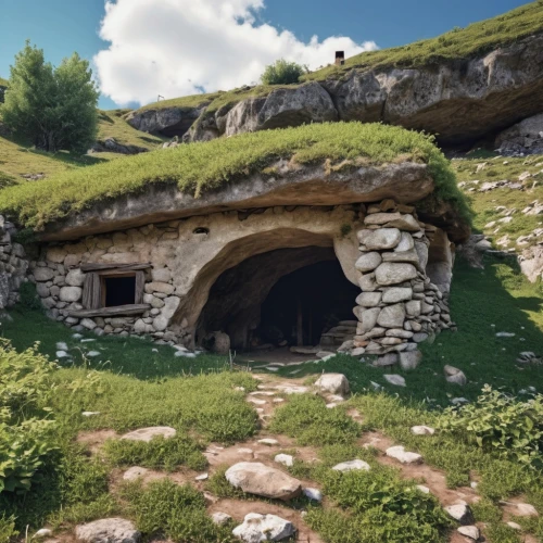 stone oven,cave church,iron age hut,vaulted cellar,the limestone cave entrance,hobbiton,empty tomb,burial chamber,ancient house,dolmen,tuff stone dwellings,neolithic,hobbit,charcoal kiln,round hut,stone houses,alpine hut,background with stones,limestone arch,cave,Photography,General,Realistic