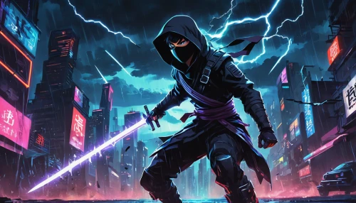 cyberpunk,cg artwork,hooded man,jedi,laser sword,lightsaber,assassin,electro,cartoon ninja,renegade,darth vader,vader,sci fiction illustration,grimm reaper,darth wader,darth talon,storm troops,would a background,neon arrows,book cover,Illustration,Japanese style,Japanese Style 06