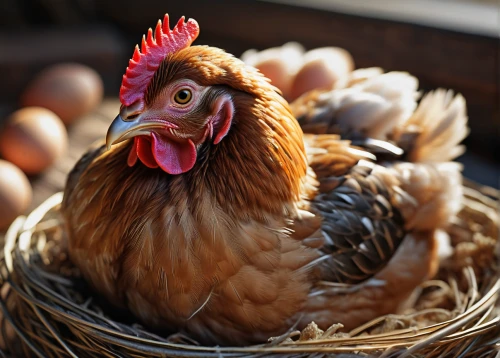 portrait of a hen,hen,pullet,cockerel,rooster in the basket,hen lying down,free-range eggs,laying hens,laying hen,domestic chicken,bantam,red hen,brakel hen,poultry,chicken eggs,chicken product,chook,polish chicken,egg basket,avian flu,Photography,General,Sci-Fi