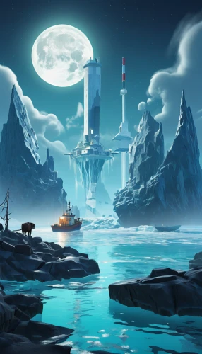 futuristic landscape,lunar landscape,fantasy landscape,ice planet,fantasy picture,ice castle,earth rise,sci fiction illustration,icebergs,alien world,ice landscape,antartica,blue planet,cube sea,terraforming,imperial shores,moonscape,world digital painting,arctic,concept art,Illustration,Black and White,Black and White 07