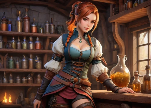 barmaid,apothecary,bartender,candlemaker,brandy shop,pub,chemist,merchant,shopkeeper,tavern,barista,winemaker,researcher,steampunk,vendor,potions,potion,mead,female doctor,bard,Illustration,Paper based,Paper Based 15