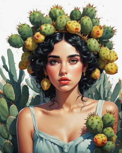 prickly pears,girl in a wreath,prickly pear,sugar apple,melons,nopal,sugar-apple,watermelons,annona,bunches of rowan,soursop,durian,pineapple head,cactus,passion fruit,passionfruit,cactus apples,pomelo,fruit blossoms,summer crown,Conceptual Art,Fantasy,Fantasy 21