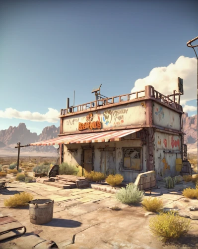 pioneertown,wasteland,wild west hotel,mojave,fallout4,the desert,route66,route 66,rhyolite,wild west,rosa cantina,fallout,barstow,arid land,bogart village,tavern,e-gas station,rust-orange,auto repair shop,junkyard,Illustration,Japanese style,Japanese Style 02