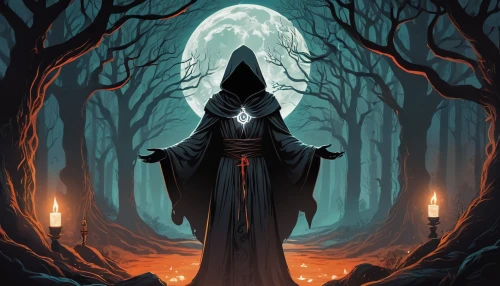 hooded man,grimm reaper,grim reaper,sorceress,the witch,cloak,hooded,dance of death,the abbot of olib,priestess,druids,light bearer,the nun,dark art,undead warlock,reaper,mage,haunted forest,pall-bearer,angel of death,Illustration,Japanese style,Japanese Style 06