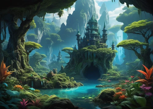 fantasy landscape,fairy village,fairy world,underwater oasis,elven forest,fairy forest,fantasy picture,underwater landscape,mushroom landscape,druid grove,enchanted forest,fantasy world,3d fantasy,fairytale forest,cartoon video game background,fantasy city,fantasy art,ancient city,fairy chimney,futuristic landscape,Illustration,Japanese style,Japanese Style 10