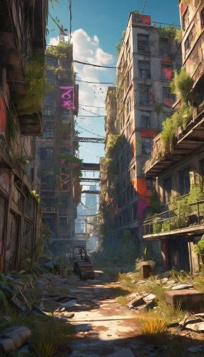 post apocalyptic,post-apocalyptic landscape,wasteland,destroyed city,gunkanjima,post-apocalypse,slum,lostplace,industrial ruin,dystopia,lost place,environment,dystopian,street canyon,development concept,urban,detroit,fallout4,human settlement,rustico,Illustration,Realistic Fantasy,Realistic Fantasy 39