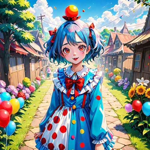 piko,jester,creepy clown,queen of hearts,myosotis,acerola,clown,rem in arabian nights,doll's festival,alice,wonderland,horror clown,blue heart balloons,scary clown,anime japanese clothing,hatsune miku,2d,pierrot,candy island girl,android game,Anime,Anime,Traditional