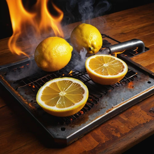 chopping board,hot lemon,flamed grill,dried lemon slices,hot plate,serving tray,cutting board,cuttingboard,ceramic hob,grilled food,portable stove,lemon slices,barbecue grill,citrus juicer,peppered orange,food warmer,fire screen,navel orange,saganaki,gas stove,Conceptual Art,Daily,Daily 01