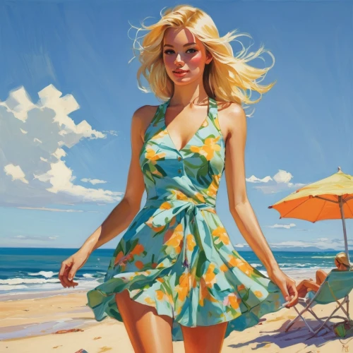 blonde woman,pin-up girl,sea beach-marigold,pinup girl,blond girl,blue hawaii,sea breeze,blonde girl,a girl in a dress,pin up girl,woman with ice-cream,retro pin up girl,pin-up girls,summer beach umbrellas,cocktail dress,beach background,beach umbrella,summer day,candy island girl,carol m highsmith,Conceptual Art,Fantasy,Fantasy 08