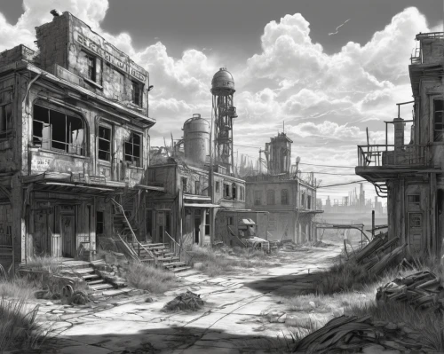destroyed city,post-apocalyptic landscape,wasteland,slums,ghost town,post apocalyptic,ancient city,lostplace,lost place,ruins,desolation,abandoned place,industrial ruin,abandoned,black city,abandoned places,post-apocalypse,desolate,gunkanjima,ruin,Illustration,Black and White,Black and White 30
