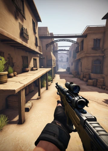 overpass,crosshair,block balcony,color is changable in ps,screenshot,shooter game,sandstorm,ravine,snipey,heavy crossbow,graphics,cobble,submachine gun,m4a1 carbine,wooden beams,ranged weapon,deadwood,rendering,the desert,street canyon,Illustration,Retro,Retro 20