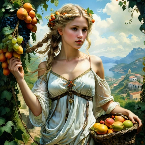 girl picking apples,woman eating apple,rapunzel,jessamine,girl in a wreath,fantasy portrait,romantic portrait,apple harvest,grape harvest,girl in the garden,emile vernon,cart of apples,mirabelles,basket of apples,fruit basket,young woman,fruit fields,fantasy art,girl with bread-and-butter,fantasy picture,Conceptual Art,Fantasy,Fantasy 05