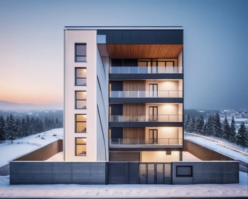 residential tower,modern architecture,cubic house,sky apartment,alpine style,appartment building,modern house,laax,timber house,snowhotel,winter house,luxury real estate,luxury property,3d rendering,ski resort,snow roof,snow house,avalanche protection,apartment building,contemporary,Photography,General,Realistic