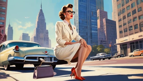 art deco woman,50's style,fashion illustration,bussiness woman,travel woman,businesswoman,white-collar worker,vintage illustration,woman in the car,retro woman,retro women,buick y-job,girl and car,fifties,business woman,advertising figure,retro pin up girl,bmw 501,pin up girl,city ​​portrait,Illustration,Retro,Retro 12