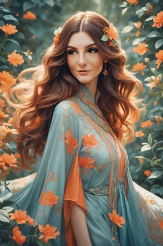 fantasy portrait,orange blossom,girl in flowers,jasmine blossom,orange petals,flora,celtic woman,vanessa (butterfly),flower fairy,beautiful girl with flowers,fantasy art,faerie,world digital painting,fairy queen,orange roses,fantasy picture,orange rose,golden lilac,jasmine,falling flowers,Photography,Natural