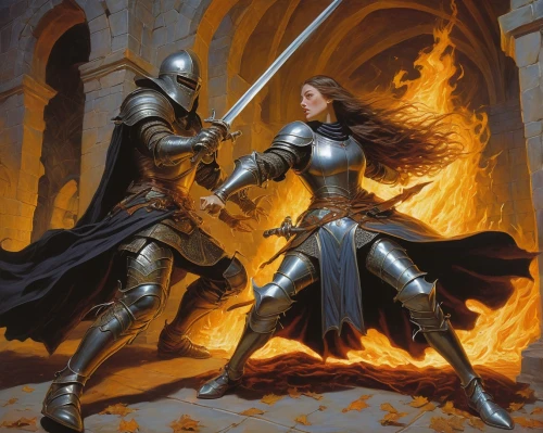 burning torch,paladin,dispute,sword fighting,confrontation,joan of arc,knight festival,assault,heroic fantasy,the white torch,knight tent,the protection of victims,stage combat,games of light,dancing flames,protectors,fiery,accolade,fire dance,medieval,Illustration,Realistic Fantasy,Realistic Fantasy 03