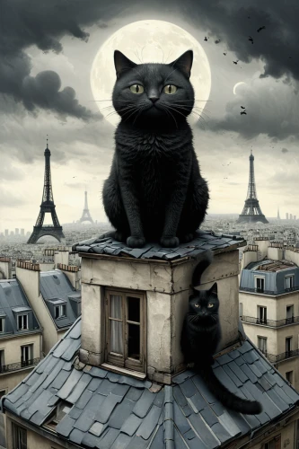 paris clip art,chartreux,cat cartoon,black cat,cat lovers,cat image,surrealism,cat tree of life,cat european,jiji the cat,paris,the cat,figaro,cat sparrow,gargoyles,de ville,paris balcony,animal tower,equilibrist,the cat and the,Illustration,Realistic Fantasy,Realistic Fantasy 17