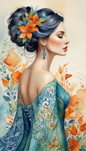 boho art,flower painting,girl in flowers,fashion illustration,watercolor women accessory,orange blossom,beautiful girl with flowers,splendor of flowers,jasmine blue,flora,flower illustrative,flower and bird illustration,blue rose,watercolor blue,blue birds and blossom,watercolor painting,floral background,blue petals,oriental painting,art painting,Illustration,Paper based,Paper Based 24