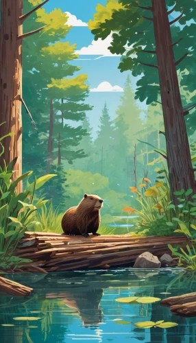 beaver,brown bears,brown bear,beavers,nutria,bear guardian,forest background,river pines,bear,forest fish,lake tanuki,otter,redwood,otters,perched on a log,forest animal,cute bear,north american river otter,beaver rat,grizzly cub,Illustration,Japanese style,Japanese Style 06