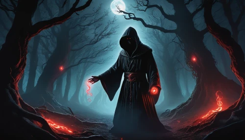 grimm reaper,dance of death,dark art,the witch,sorceress,haunted forest,grim reaper,hooded man,angel of death,light bearer,divination,flickering flame,halloween background,the night of kupala,halloween poster,sci fiction illustration,celebration of witches,pall-bearer,mystery book cover,cloak,Conceptual Art,Sci-Fi,Sci-Fi 18