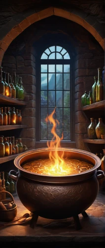 cauldron,cooking pot,candlemaker,cooking oil,dwarf cookin,potions,potter's wheel,hearth,balsamic vinegar,cookery,fire bowl,candy cauldron,hobbiton,fireplaces,alchemy,cooking ingredients,stock pot,distillation,fire background,cookware and bakeware,Illustration,Abstract Fantasy,Abstract Fantasy 12