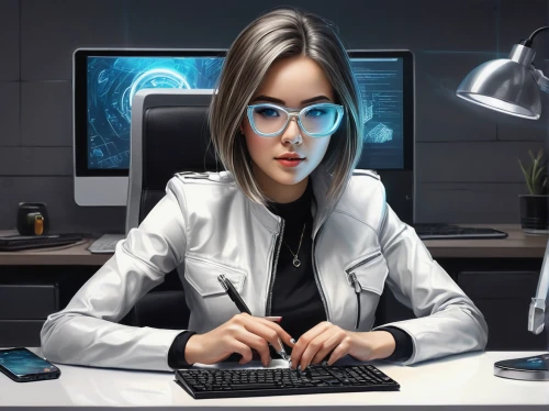 girl at the computer,women in technology,cyber glasses,female doctor,sci fiction illustration,night administrator,neon human resources,cyber crime,theoretician physician,office worker,electronic medical record,consultant,medical illustration,blur office background,female nurse,administrator,receptionist,sysadmin,programmer,cyber security,Illustration,Black and White,Black and White 30
