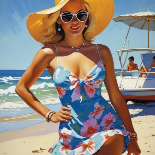 womans seaside hat,two piece swimwear,sun hat,panama hat,woman with ice-cream,straw hat,beach towel,yellow sun hat,retro pin up girl,summer beach umbrellas,high sun hat,advertising figure,oil painting,pin-up girl,pinup girl,tankini,ordinary sun hat,pin up girl,italian painter,beach umbrella,Conceptual Art,Fantasy,Fantasy 07