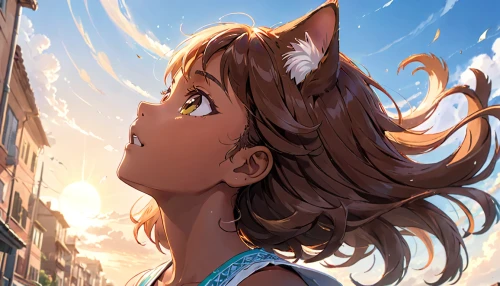 honolulu,looking up,summer sky,stray cat,street cat,violet evergarden,ear of the wind,sky,summer crown,little girl in wind,bright sun,blue sky,city ​​portrait,windy,summer day,stray,wind,summer evening,cat tail,cat ears,Anime,Anime,General