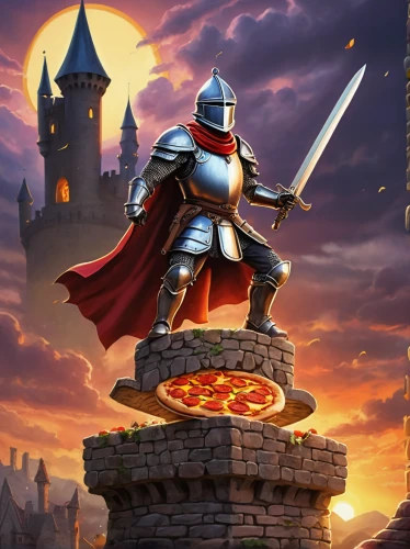 castleguard,order pizza,knight festival,gouda,pizza stone,calabaza,massively multiplayer online role-playing game,blood moon eclipse,medieval,tomato pie,pizza service,knight,fantasy picture,heroic fantasy,alinazik kebab,knight armor,knight village,pizza supplier,chef,blood moon,Illustration,Paper based,Paper Based 26