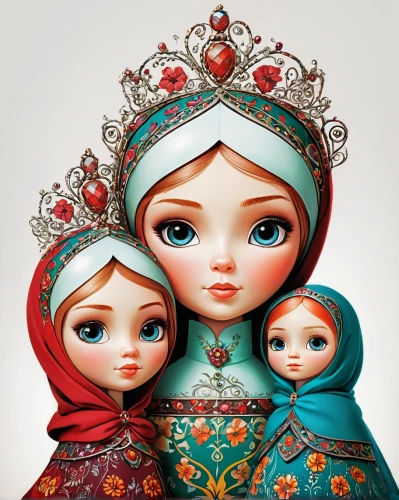 russian dolls,princesses,matryoshka doll,nesting dolls,the snow queen,princess crown,holy three kings,miss circassian,christmas dolls,sewing pattern girls,porcelain dolls,fashion dolls,nesting doll,princess sofia,fairy tale icons,queen crown,russian doll,matryoshka,the three magi,little girls,Conceptual Art,Fantasy,Fantasy 21