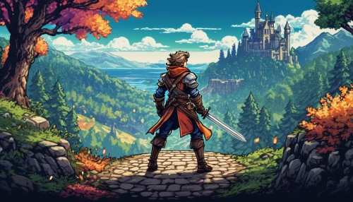 autumn background,autumn frame,autumn mountains,autumn theme,adventurer,game illustration,chasm,fall landscape,mountain guide,the wanderer,pixel art,wander,round autumn frame,autumn icon,alpine crossing,wanderer,autumn idyll,autumn landscape,autumn day,autumn walk,Illustration,Vector,Vector 21