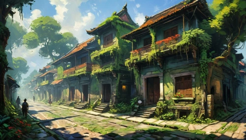 hanoi,ancient house,ancient city,wooden houses,vietnam,asian architecture,studio ghibli,chinese architecture,hacienda,apartment house,shanghai,home landscape,mountain settlement,townhouses,hanging houses,ancient buildings,row of houses,roof landscape,aurora village,old home,Art,Artistic Painting,Artistic Painting 04