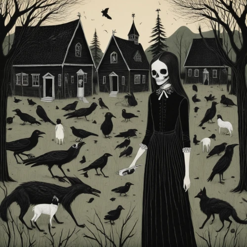 halloween illustration,witch house,gothic woman,murder of crows,witch's house,halloween poster,crow queen,the witch,gothic portrait,dark gothic mood,gothic,danse macabre,halloween scene,gothic dress,gothic style,burial ground,crows,the haunted house,goth woman,halloween ghosts,Illustration,Abstract Fantasy,Abstract Fantasy 05