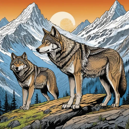 two wolves,wolves,wolf couple,canis lupus,canidae,canis lupus tundrarum,werewolves,ancient dog breeds,dog illustration,wolf hunting,huskies,wolf pack,canines,guards of the canyon,european wolf,wolfdog,two dogs,hunting dogs,anthropomorphized animals,sci fiction illustration,Illustration,American Style,American Style 13