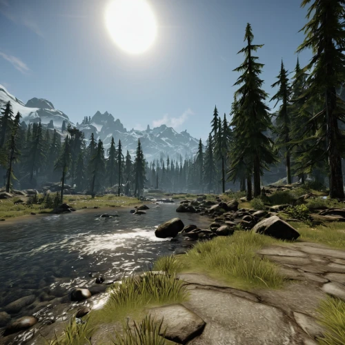 skyrim,salt meadow landscape,northwest forest,spruce forest,shoreline,coniferous forest,mountain valley,salt meadows,mountain stream,northrend,mountain meadow,idyllic,riparian forest,mountain river,plains,forest glade,temperate coniferous forest,druid grove,moraine,phoenix lake,Illustration,Retro,Retro 21