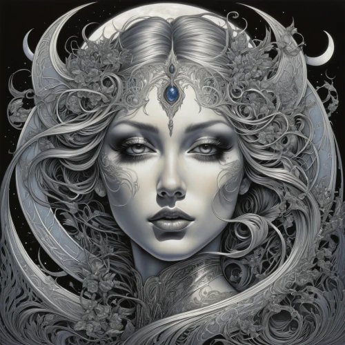the snow queen,the zodiac sign pisces,moonflower,priestess,zodiac sign libra,blue enchantress,the enchantress,zodiac sign gemini,sorceress,white rose snow queen,silvery blue,fantasy art,ice queen,fantasy portrait,horoscope libra,medusa,mirror of souls,moonbeam,white lady,dryad,Illustration,Black and White,Black and White 01