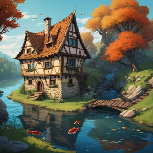 house with lake,autumn idyll,fisherman's house,house by the water,autumn landscape,cottage,water mill,little house,fall landscape,autumn day,autumn scenery,house in the forest,one autumn afternoon,summer cottage,home landscape,witch's house,autumn background,autumn theme,boathouse,wooden house,Conceptual Art,Fantasy,Fantasy 14