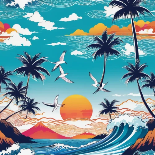 tropics,tropical sea,ocean background,tropical beach,ocean paradise,tropical floral background,dream beach,honolulu,pacific,south pacific,hawaii,south seas,tropical island,tropical birds,beach landscape,luau,summer background,dolphin background,beach scenery,background vector,Illustration,Japanese style,Japanese Style 04