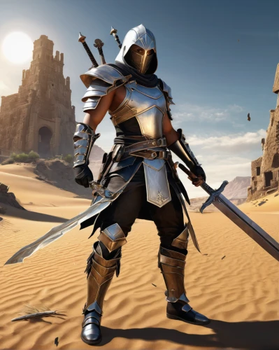 knight armor,templar,crusader,massively multiplayer online role-playing game,paladin,wind warrior,the wanderer,assassin,merzouga,knight,mercenary,lone warrior,desert background,armored,swordsman,female warrior,collected game assets,sheik,guards of the canyon,hooded man,Illustration,Black and White,Black and White 25