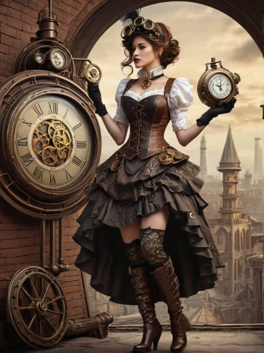 steampunk,steampunk gears,clockmaker,watchmaker,girl with a wheel,clockwork,alice,victorian lady,barmaid,fantasy art,the sea maid,fantasy picture,ladies pocket watch,pocket watch,fairy tale character,brown sailor,ships wheel,time spiral,vintage girl,girl in a historic way,Illustration,Abstract Fantasy,Abstract Fantasy 03