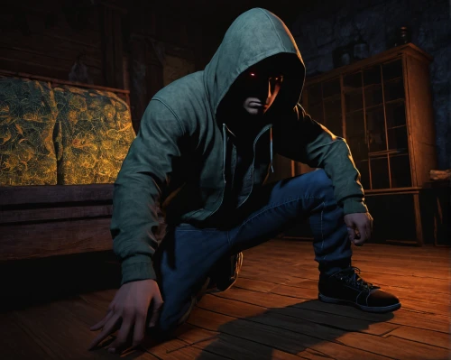 hooded man,penumbra,action-adventure game,hooded,in the shadows,live escape game,hoodie,wooden floor,3d render,assassin,male mask killer,croft,grimm reaper,play escape game live and win,janitor,interrogation point,robber,visual effect lighting,fighting stance,adventure game,Illustration,Japanese style,Japanese Style 12