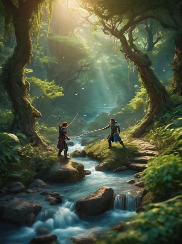 fantasy picture,world digital painting,studio ghibli,forest workers,game illustration,japan landscape,happy children playing in the forest,fantasy landscape,3d fantasy,fantasy art,fairy forest,game art,tsukemono,streams,hunting scene,romantic scene,cartoon video game background,forest landscape,fairytale forest,elven forest,Photography,Documentary Photography,Documentary Photography 01