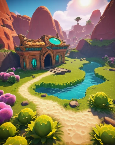 oasis,collected game assets,tileable,development concept,green valley,floating islands,hacienda,mushroom landscape,underwater oasis,fairy village,mushroom island,3d render,idyllic,druid grove,valley,mountain world,an island far away landscape,mesa,desert landscape,ravine,Conceptual Art,Daily,Daily 10