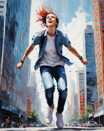 leap for joy,sprint woman,flying girl,world digital painting,free running,a pedestrian,woman free skating,pedestrian,be free,freedom from the heart,sci fiction illustration,ecstatic,jumping,risk joy,cheerfulness,skipping,jump,girl in a long,image manipulation,leap,Illustration,Paper based,Paper Based 20