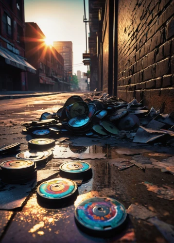 fallen colorful,manhole,discarded,discs,cobble,spills,play street,detritus,debris,graffiti splatter,hub cap,storm drain,street chalk,junkyard,street cleaning,collected game assets,hubcap,street canyon,manhole cover,digital compositing,Illustration,American Style,American Style 02