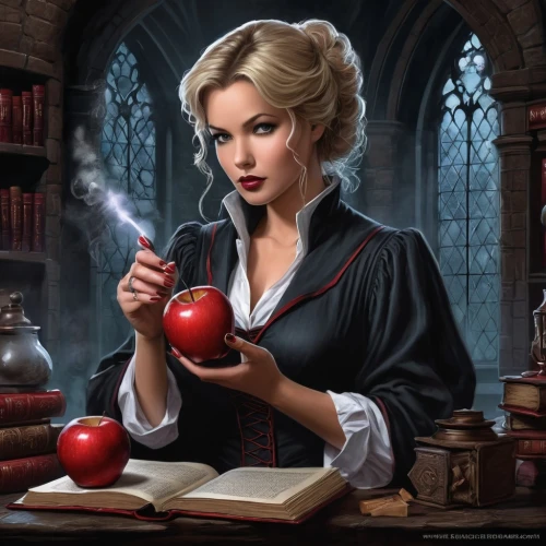 librarian,woman eating apple,red apples,red apple,candlemaker,sci fiction illustration,apple icon,divination,magic book,fairy tale character,fairy tale icons,apothecary,scholar,dodge warlock,potions,fairy tales,fantasy picture,fantasy art,queen of hearts,author,Conceptual Art,Fantasy,Fantasy 34