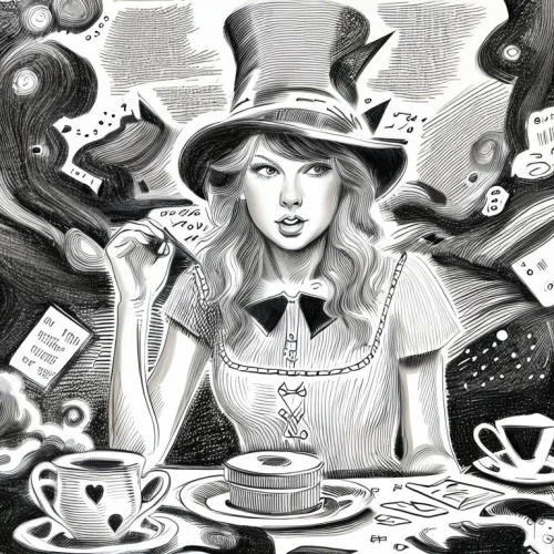 alice in wonderland,coffee tea illustration,hatter,coffee tea drawing,tea party,woman drinking coffee,wonderland,alice,tea party cat,fortune teller,teacup,magician,pouring tea,tea time,lucky tea,tea cup,a cup of tea,british tea,tea party collection,tea drinking,Design Sketch,Design Sketch,Character Sketch