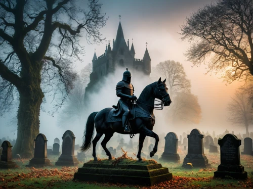 man and horses,equestrian statue,gothic portrait,bronze horseman,burial ground,horseman,fantasy picture,gothic,gothic style,of mourning,gothic architecture,autumn fog,black horse,horseback,haunted cathedral,graveyard,gothic woman,resting place,all saints' day,equine,Photography,General,Fantasy